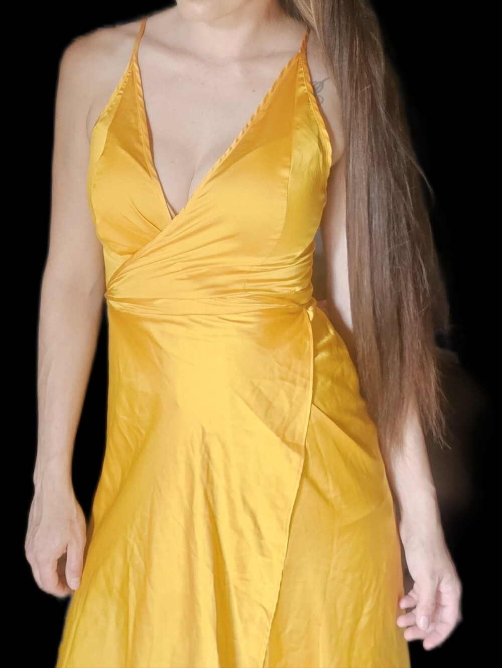 Yellow Satin Wrap Slip Dress